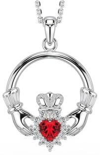 Ruby Diamond Silver Claddagh Pendant Necklace - July Birthstone