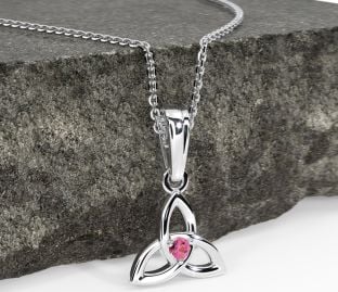 White Gold Genuine Pink Sapphire .06cts Celtic Knot Pendant Necklace - October Birthstone