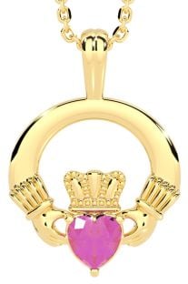 Gold Pink Sapphire .18cts Irish Claddagh Pendant Necklace - October Birthstone