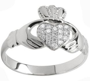 10K/14K/18K White Gold Genuine Diamond .07cts Claddagh Ring