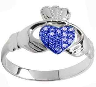 10K/14K/18K White Gold Genuine Sapphire .07cts Claddagh Ring - September Birthstone 