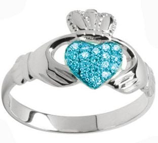 10K/14K/18K White Gold Aquamarine Claddagh Ring - March Birthstone