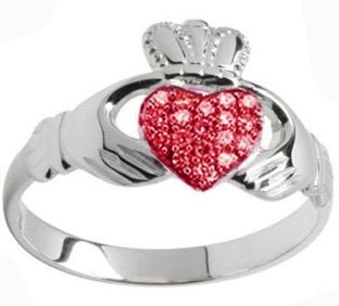 10K/14K/18K White Gold Genuine Ruby .07cts Claddagh Ring - July Birthstone