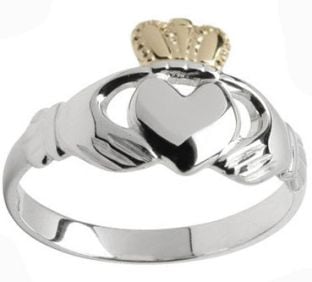 Ladies 10K/14K/18K two tone White Gold & Yellow Gold Crown Claddagh Ring