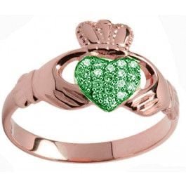 10K/14K/18K Rose Gold Genuine Emerald .07cts Claddagh Ring - May Birthstone 