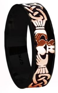 Ladies Black Rhodium Rose Gold Celtic Claddagh Band Ring 