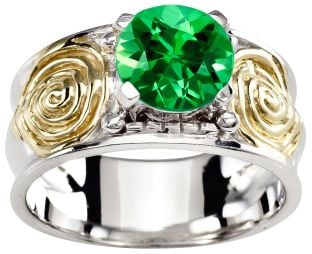 Ladies Emerald Silver Gold Celtic Spiral Knot Ring - May Birthstone