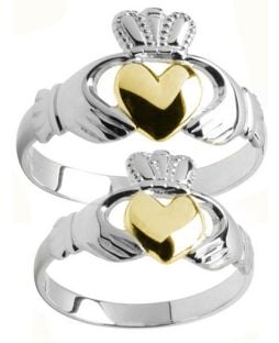 Silver & Yellow Gold Heart Two Tone Claddagh Ring Set