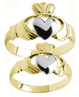 Yellow & White Gold Two Tone Claddagh Ring Set
