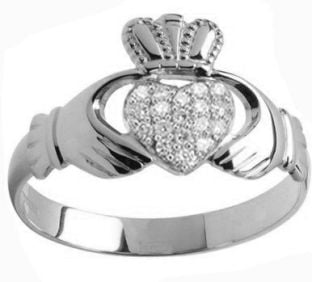 White Gold Mens Gold Diamond .13cts Claddagh Ring