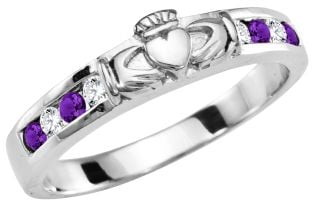 Ladies Amethyst Diamond Silver Claddagh Ring 