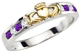 Ladies Amethyst Diamond Gold Silver Claddagh Ring 