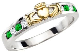 Ladies Emerald Diamond Gold Silver Claddagh Ring 