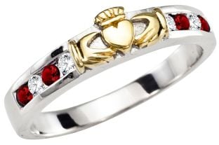 Ladies Ruby Diamond Gold Silver Claddagh Ring 