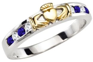 Ladies Sapphire Diamond Gold Silver Claddagh Ring 