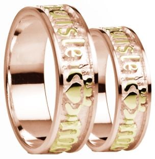 "My Darling" 14K Two Tone Rose & Yellow Gold Silver Claddagh Band Ring Set