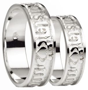 "My Darling" 14K White Gold Silver Claddagh Band Ring Set
