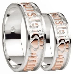 "My Darling" 14K Two Tone White & Rose Gold Silver Claddagh Band Ring Set