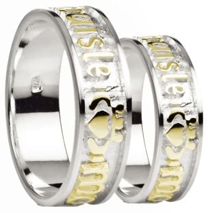 14K Two Tone White & Yellow Gold Silver "My Darling" Claddagh Band Ring Set