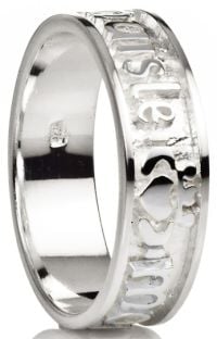 "My Darling" 14K White Gold Silver Claddagh Celtic Mens Band Ring 