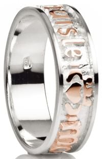 "My Darling" 14K Two Tone White & Rose Gold Silver Claddagh Celtic Mens Band Ring 