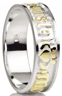 "My Darling" 14K Two Tone Gold Silver Claddagh Celtic Mens Band Ring 