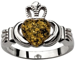 Ladies Irish Green Amber Silver Claddagh Ring