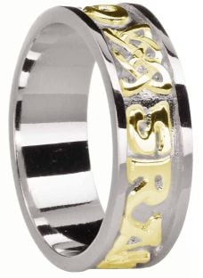 Mens White & Yellow Gold "Love Forever" Celtic Wedding Band Ring