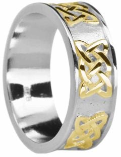 Mens 14K White & Yellow Gold coated Silver "Lovers Knot" Celtic Wedding Band Ring