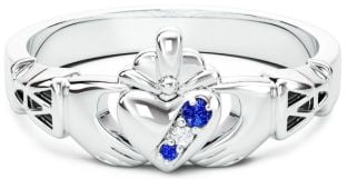 Ladies Sapphire Diamond Silver Claddagh Ring