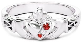 Ladies Ruby Diamond Silver Claddagh Ring