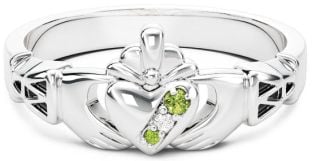 Ladies Diamond Peridot Silver Claddagh Celtic Knot Ring - August Birthstone