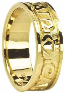 Mens 14K Yellow Gold "My Soul Mate" Celtic Claddagh Ring 