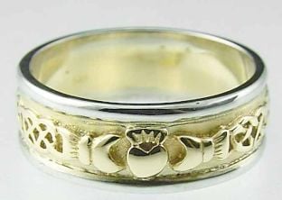 Mens 10K/14K/18K Two Tone Gold Celtic Claddagh Wedding Ring