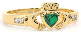 Ladies Emerald Diamond Gold Claddagh Ring - May Birthstone