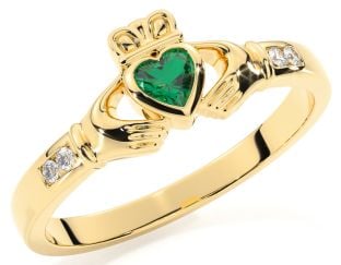 Ladies Emerald Diamond Gold Claddagh Ring - May Birthstone