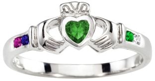 Mother's Birthstone Silver Claddagh Ring 