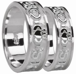 White Gold Claddagh "Love Forever" Wedding Band Ring Set