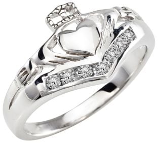 Ladies Diamond Silver Claddagh Ring 