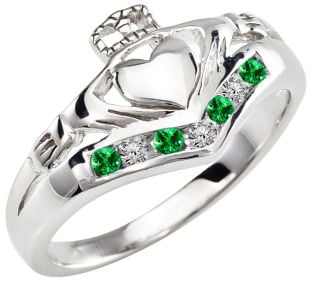 Ladies Emerald Diamond Silver Claddagh Ring 