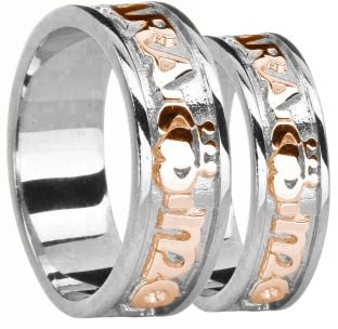 14K White & Rose Gold Silver "My Soul Mate" Claddagh Band Ring Set