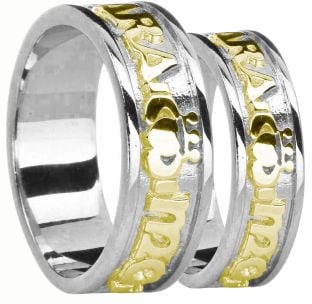 14K Two Tone Gold Silver "My Soul Mate" Claddagh Band Ring Set