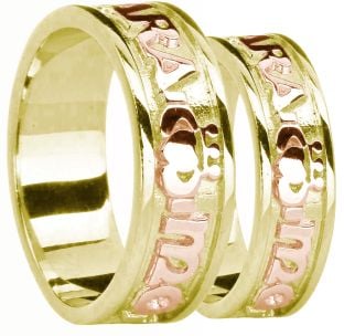 Yellow & Rose Gold "My Soul Mate" Claddagh Wedding Band Rings Set