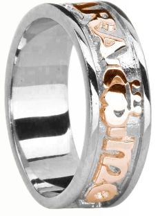 Mens 14K White & Rose Gold Silver "My Soul Mate "Claddagh Celtic Band Ring 