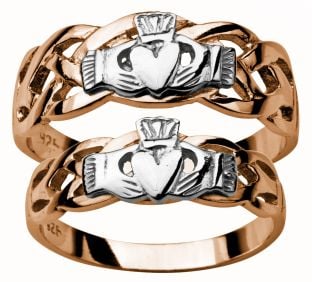 Gold Rose and White Claddagh Celtic Wedding Ring Set