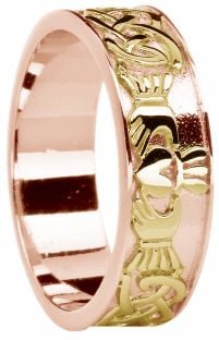 Mens Rose & Yellow Gold Celtic Claddagh Band Ring 