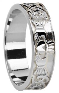 Ladies 14K White Gold coated Silver Celtic Claddagh Band Ring 
