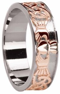 Mens White & Rose Gold Celtic Claddagh Band Ring 