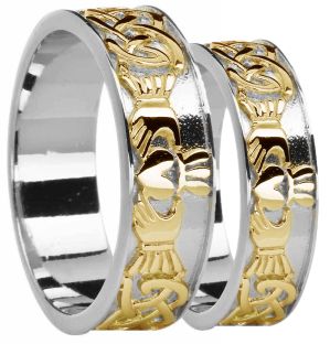 14K White & Yellow Gold coated Silver Celtic Claddagh Band Ring Set