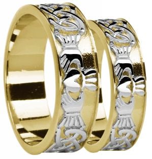 Yellow & White Gold Celtic Claddagh Band Ring Set